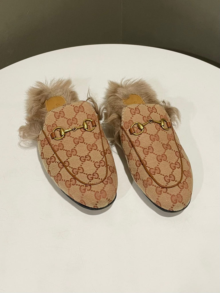 Gucci Princetown Mules Brown Canvas GG Motif Size 38