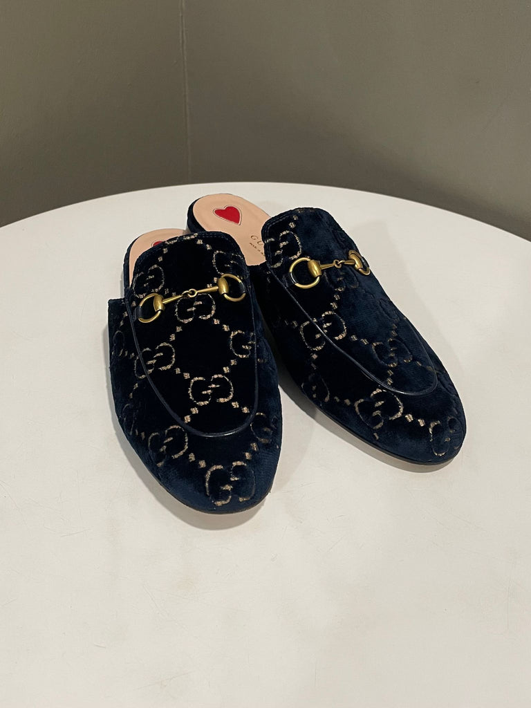 Gucci Printown Mules Midnight Navy Blue Velvet Size 38.5