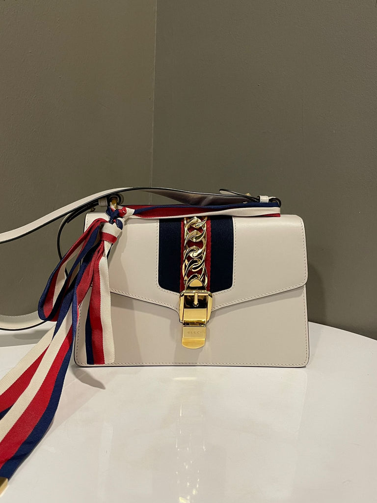 Gucci Sylvie Bag Ivory / Navy / Red Calfskin