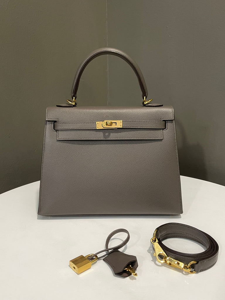 Hermes Kelly 25 Sellier Etain Epsom