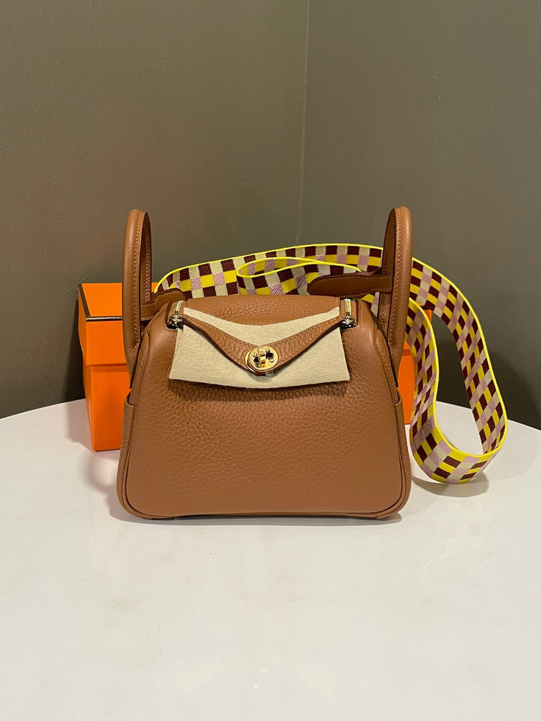 Hermes Mini Lindy Gold Clemence / Lime Quadrille