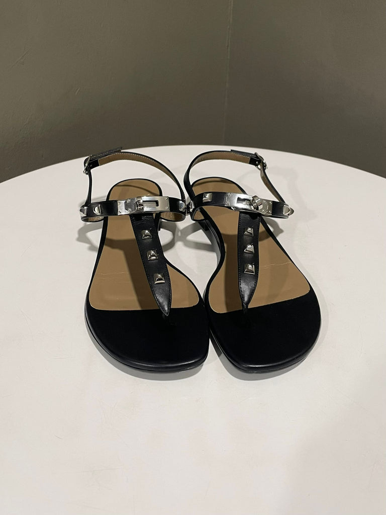 Hermes Olivia Flat Sandals Black Leather PHW Size 38.5