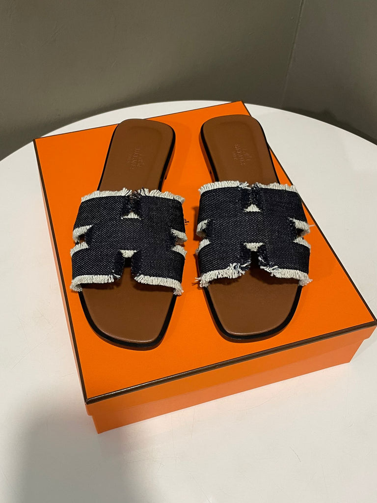Hermes Oran Sandal Bleu Brut Denim Fringed H Size 38