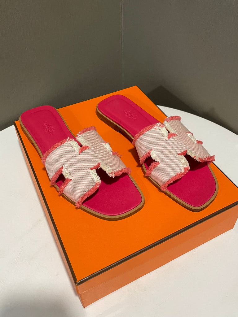 Hermes Oran Sandal Framboise Fringed H canvas Size 37.5
