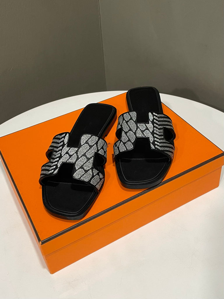 Hermes Oran Sandals Black  Silver Emboridery