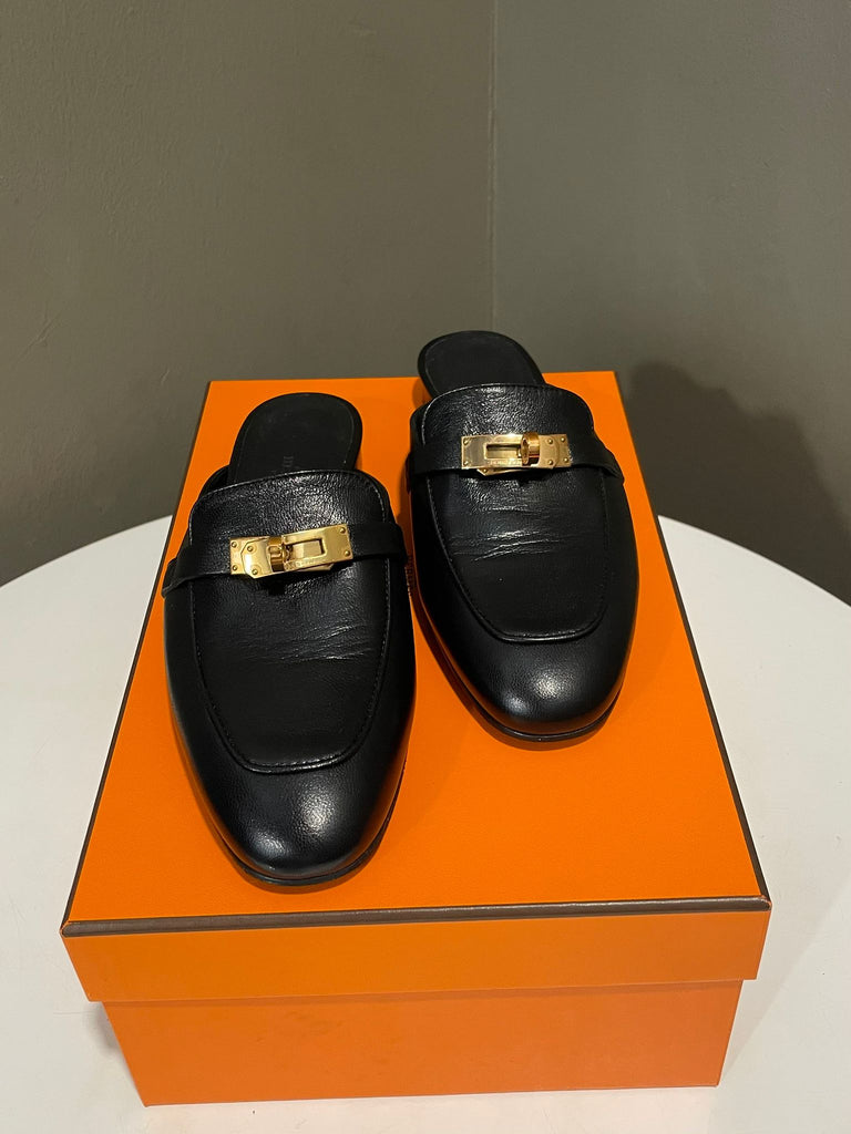 Hermès Oz mules Black Goatskin Leather Size 36.5