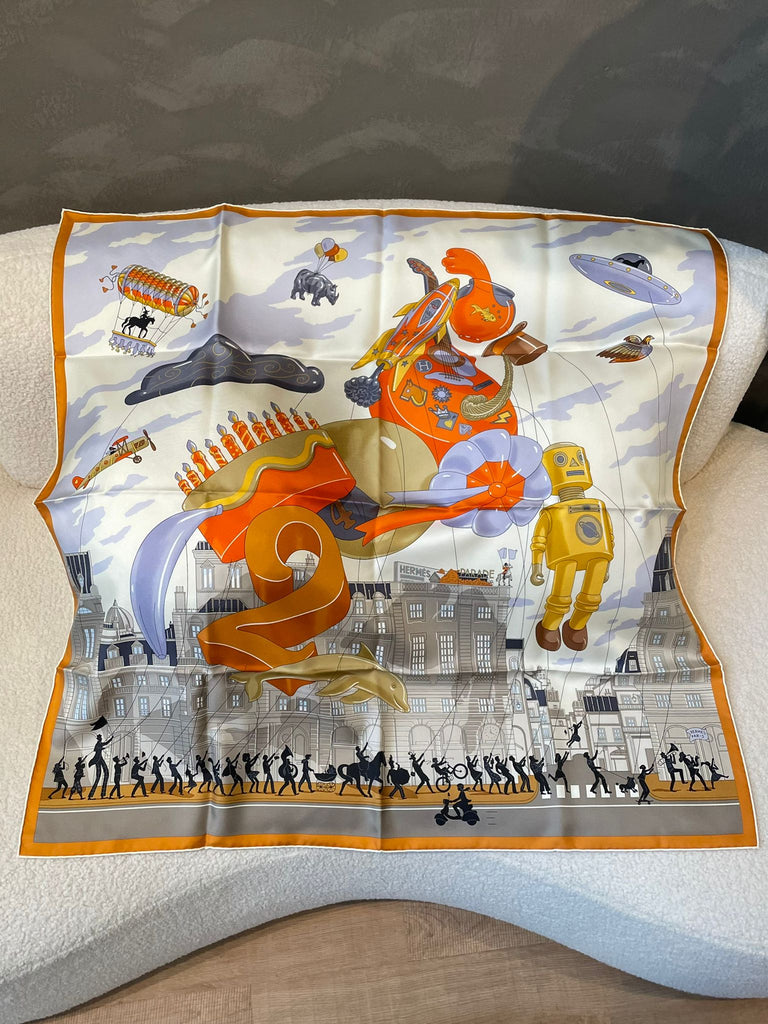 Hermes Parade Scarf 90 Crème  Orange Cuit Tourterelle