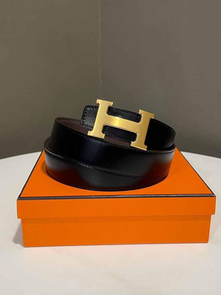 Hermes Reversible H Belt Black Noir Box / Etain Togo