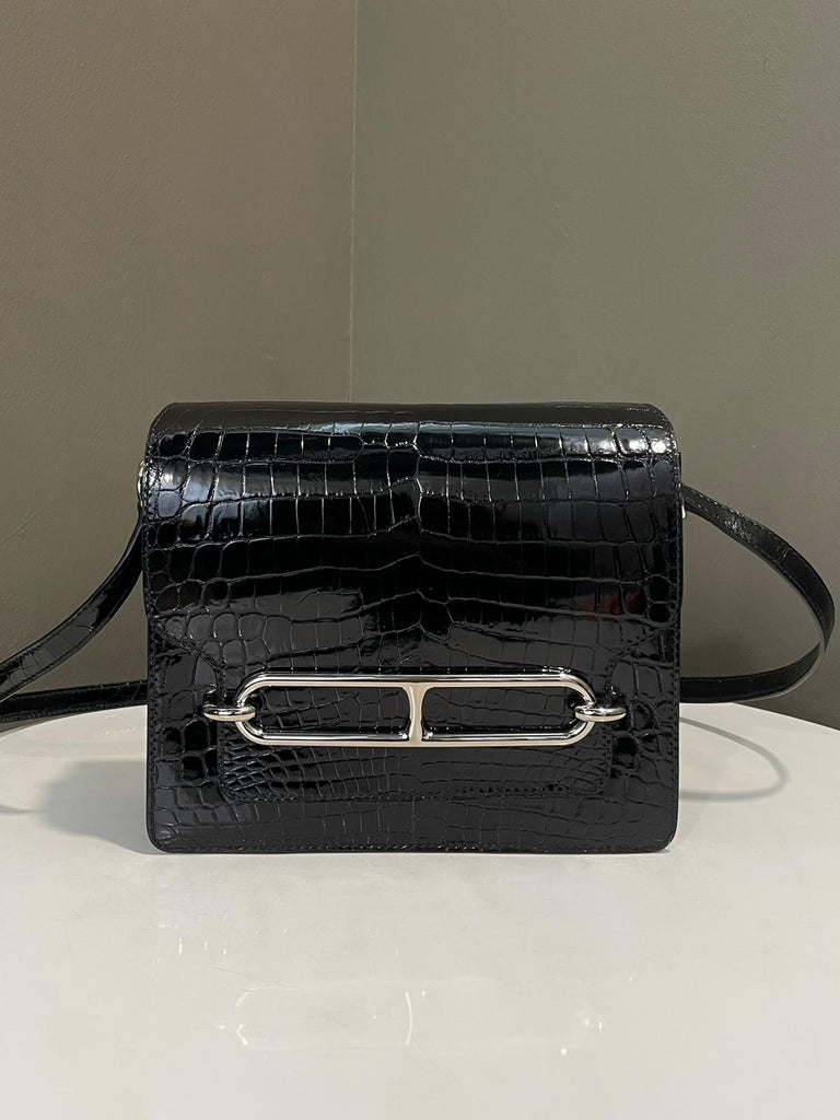 Hermes Roulis 23 Black Shiny Crocodile Niloticus