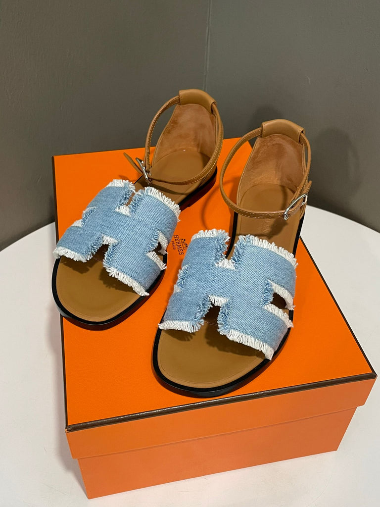 Hermes Santorini Sandal Bleu Clair Denim Fringed H Size 35