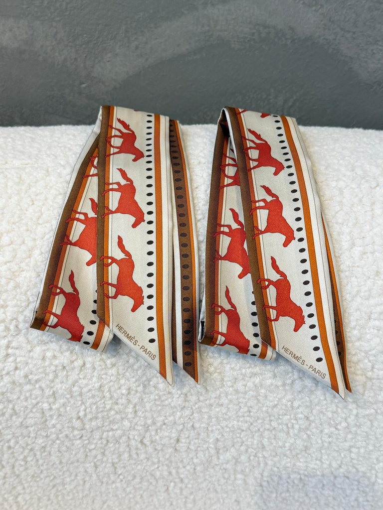 Hermes Sequences Horse Twilly (2 pcs set) Orange/ Brown