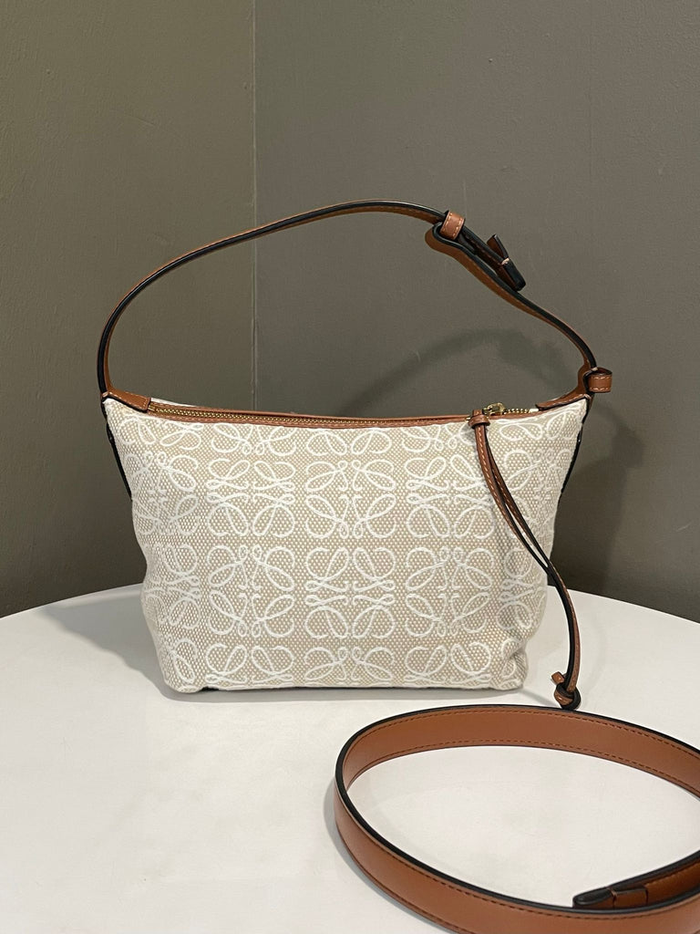 Loewe Cubi Anagram Bag Ecru Jacquard Canvas / Tan Calfskin