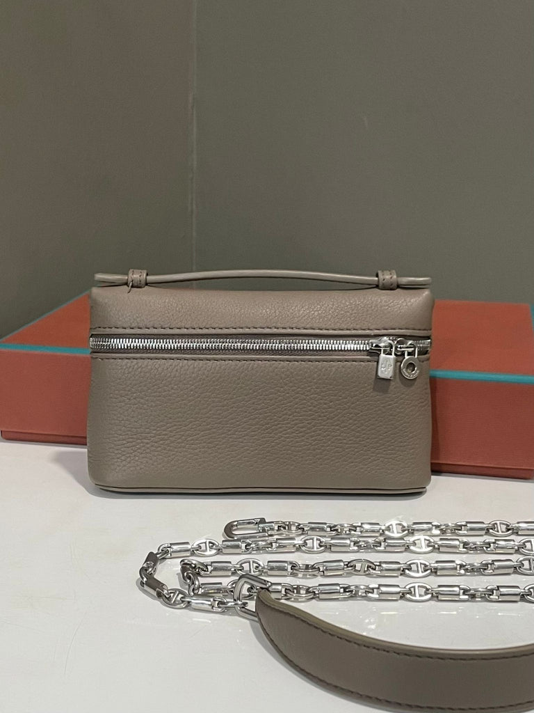 Loro Piana Extra Pocket Mini Pouch Chain Warm Mastic Etoupe Grainy Calfskin