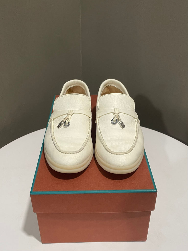 Loro Piana Summer Charms Walk Loafer White Pearl Powder Grained Leather  Size 36