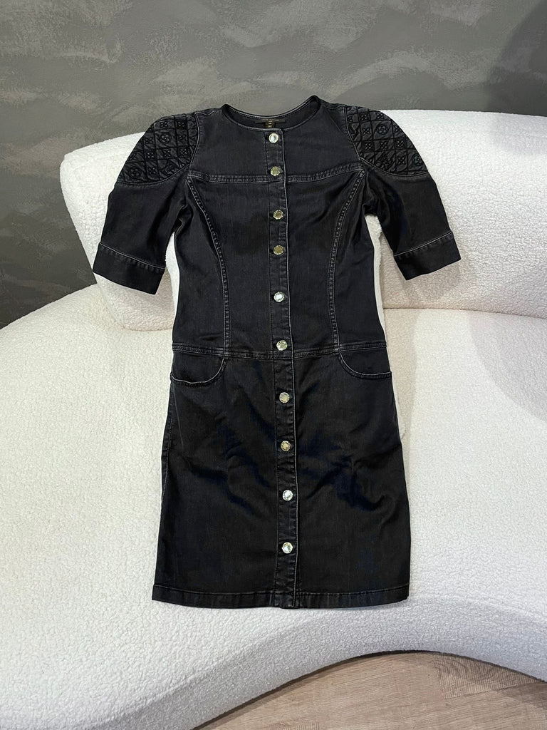 Louis Vuitton Button Dress Black Grey Vintage Cotton Denim