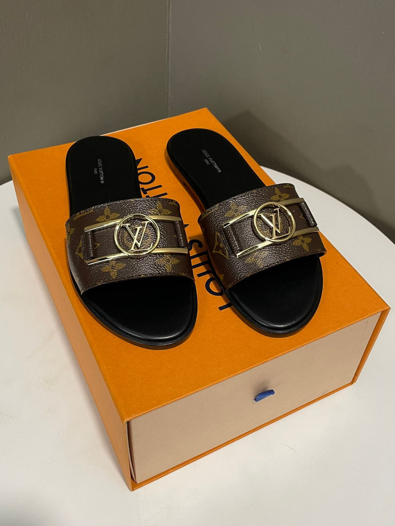 Louis Vuitton Lock It Flat Mule Black/ Brown Monogram Size 38