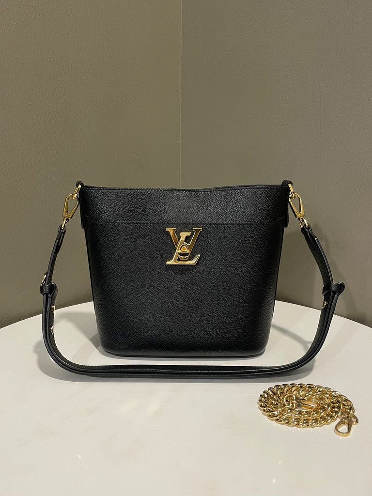 Louis Vuitton Lock and Walk Bucket Bag Black Grainy Leather