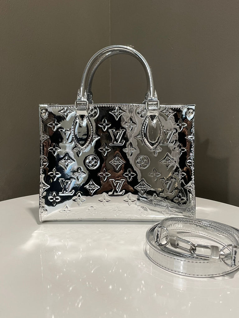 Louis Vuitton On The Go Tote Bag 
Silver Metallic Mirror Monogram 