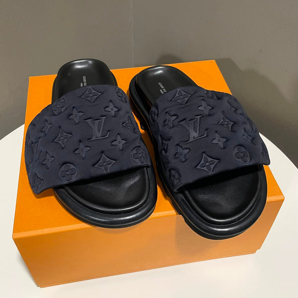 Louis Vuitton Pool Pillow Comfort Mules Black Embossed Monogram Size 38