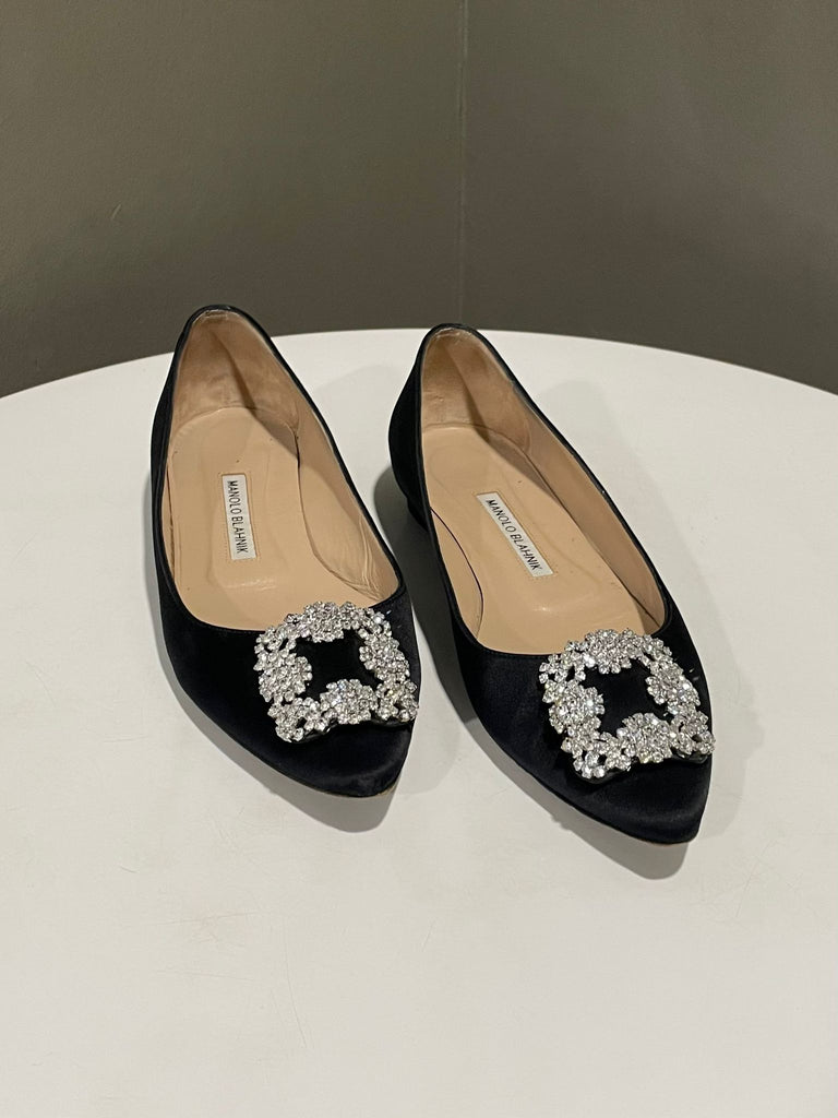 Manolo Blahnik Hangisi Flats Black Satin Size 38
