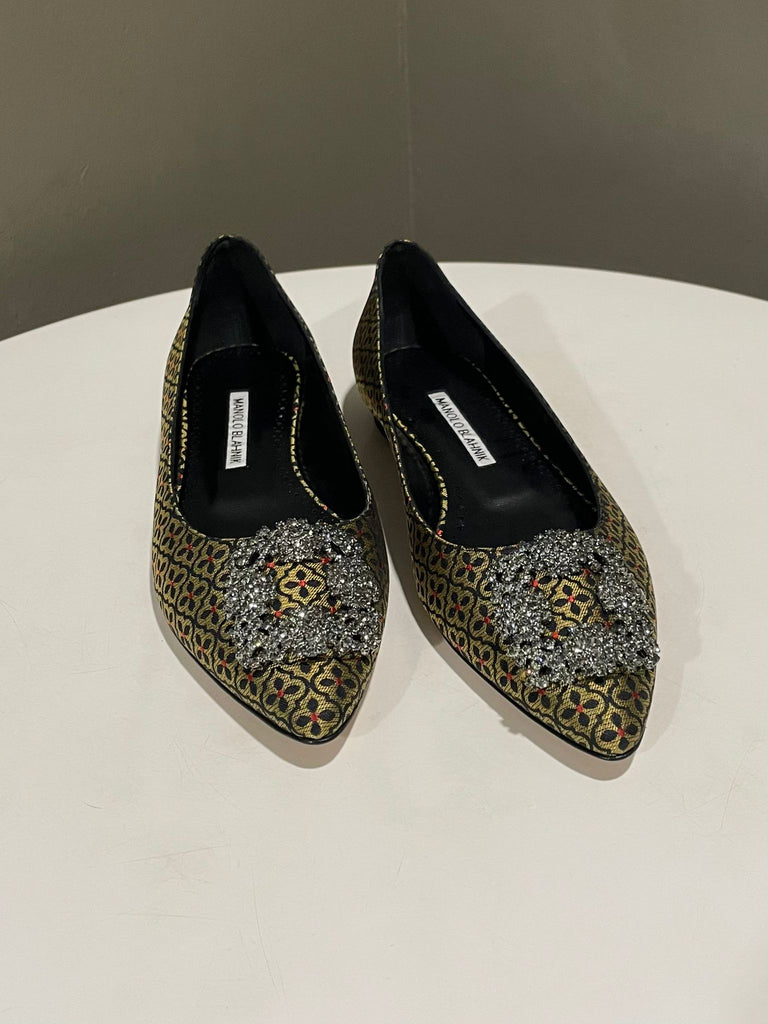 Manolo Blahnik Hangisi Flats Gold / Black Jacquard Size 38