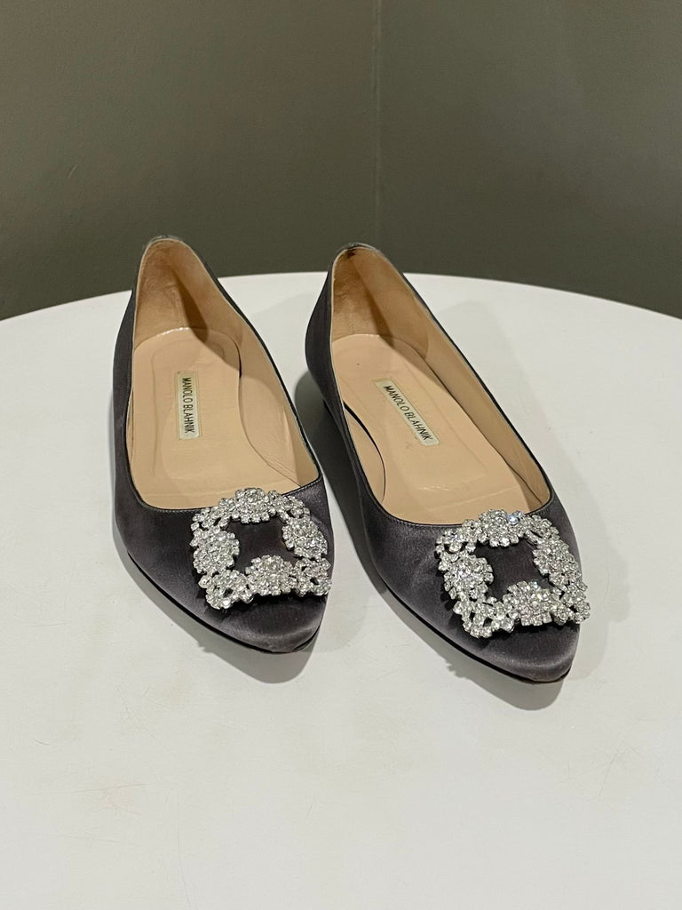 Manolo Blahnik Hangisi Flats Grey Satin Size 38