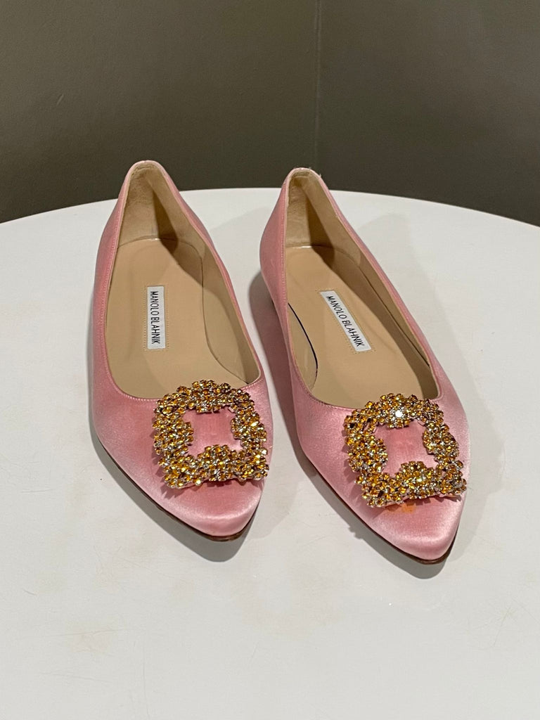 Manolo Blahnik Hangisi Flats Pink Gold Crystal Satin Size 38