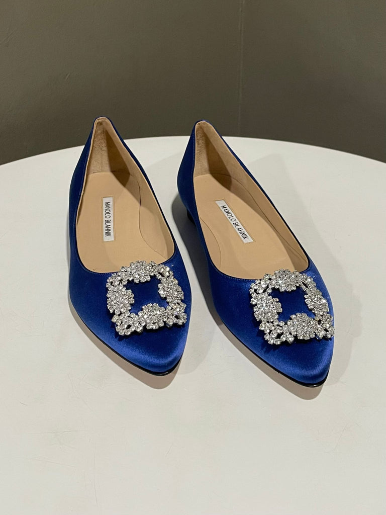 Manolo Blahnik Hangisi Flats Royal Blue Satin Size 38