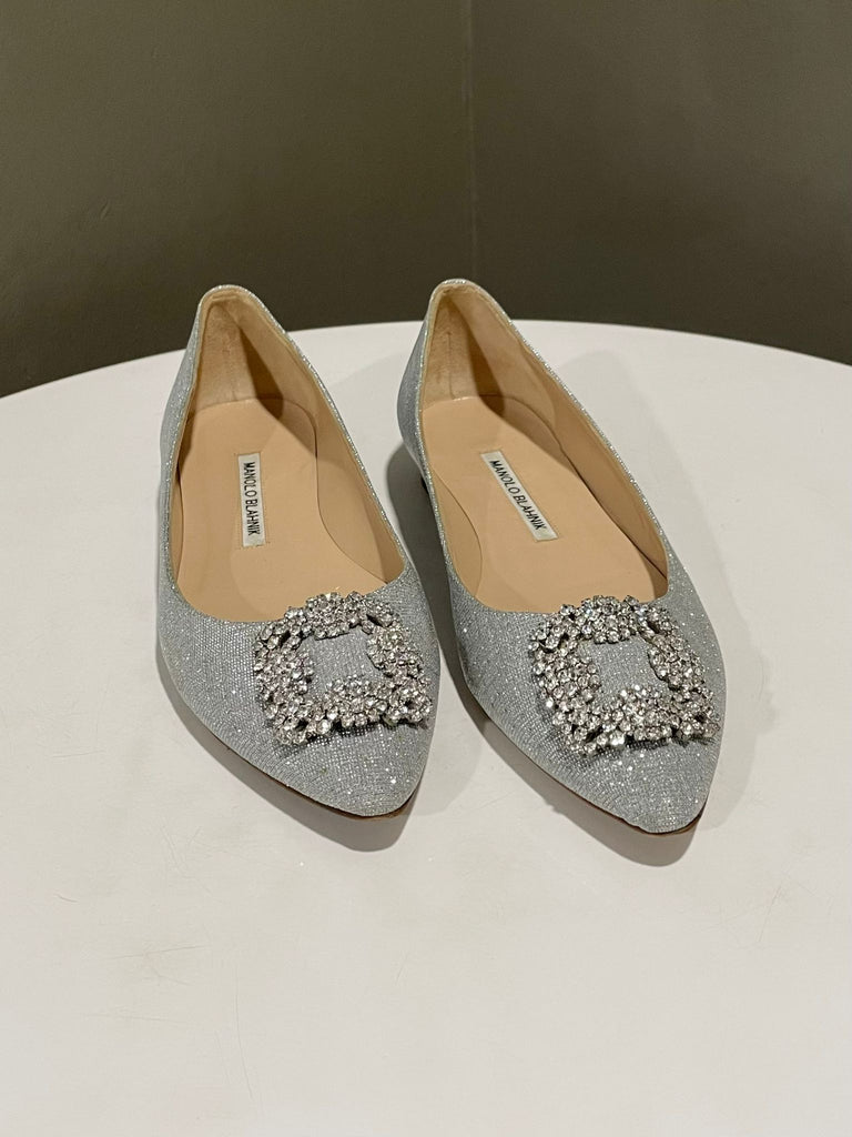 Manolo Blahnik Hangisi Flats Silver Crystal Glittered Satin Size 38