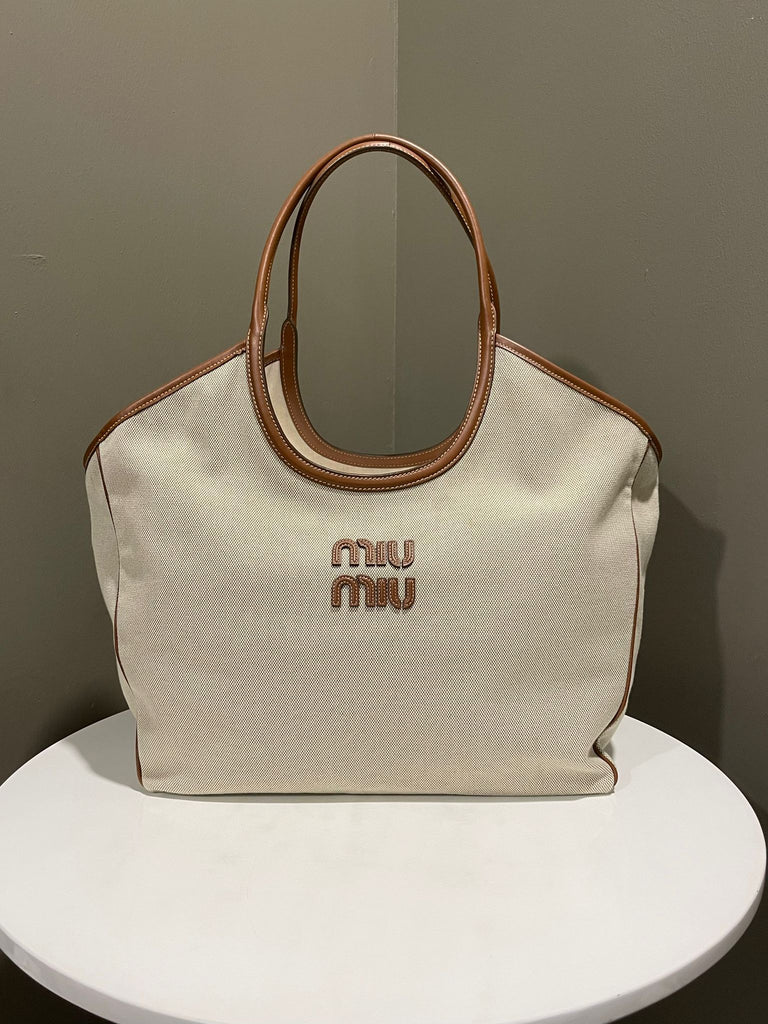 Miu Miu IVY Tote Bag Beige Canvas / Tan Leather