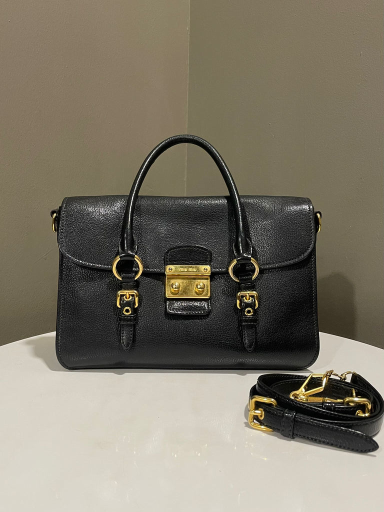 Miu Miu Lock Satchel Flap Bag Black Madras