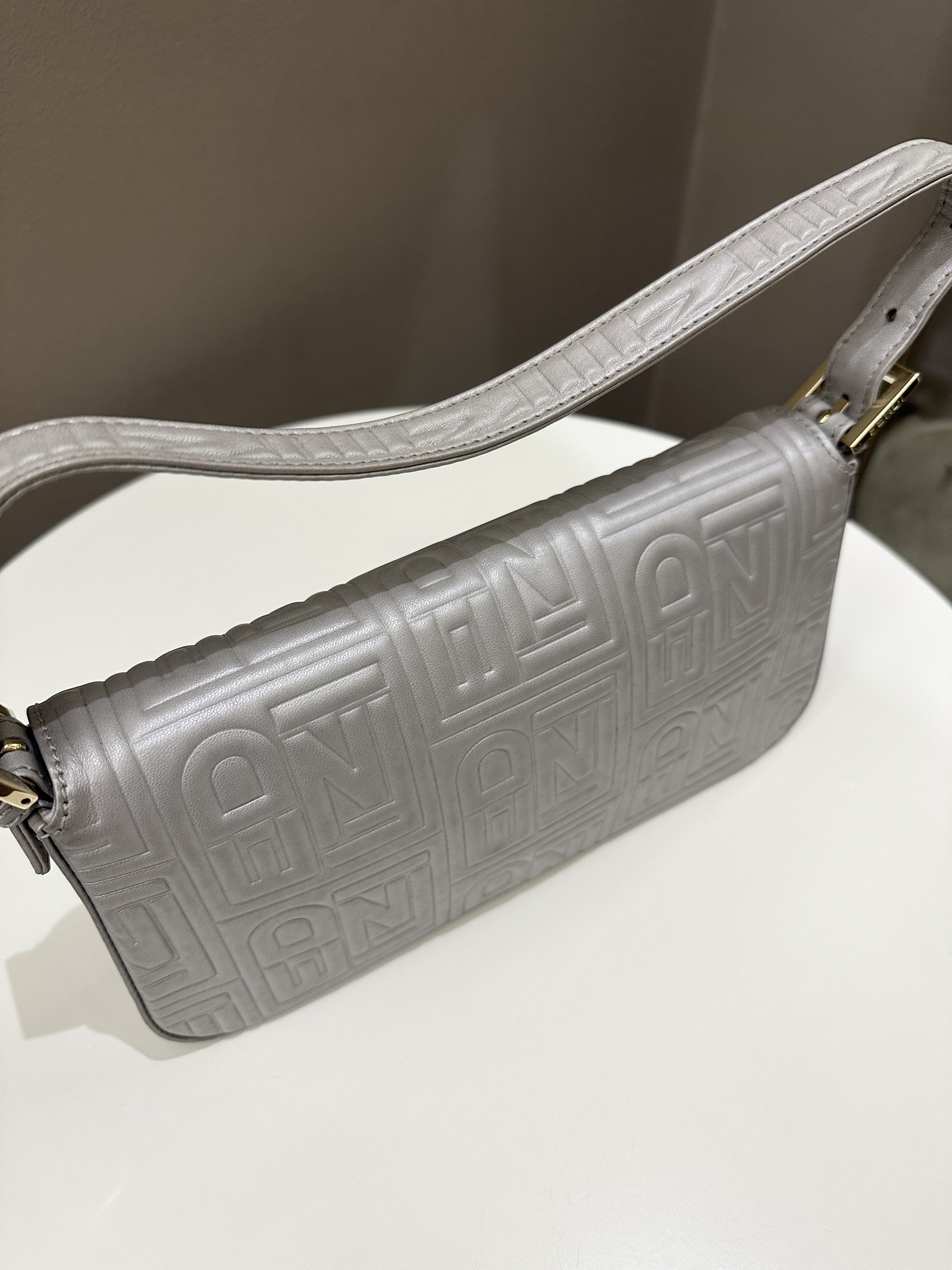 Fendi 2008 Baguette Bag Silver Gray Logo Embossed Leather