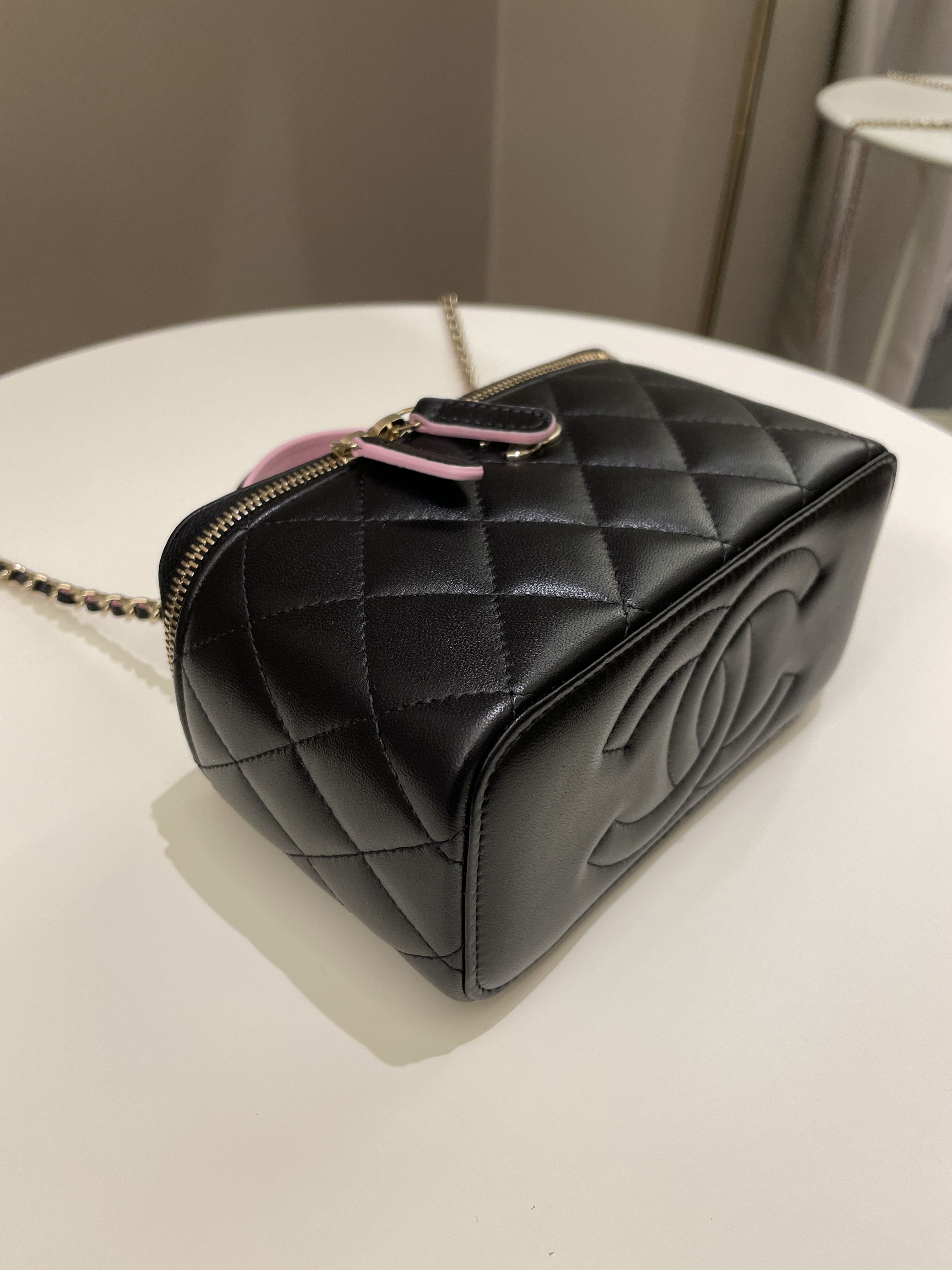 Chanel 23P Quilted Mini Vanity Rectangular Top Handle Black/ Pink Lambskin