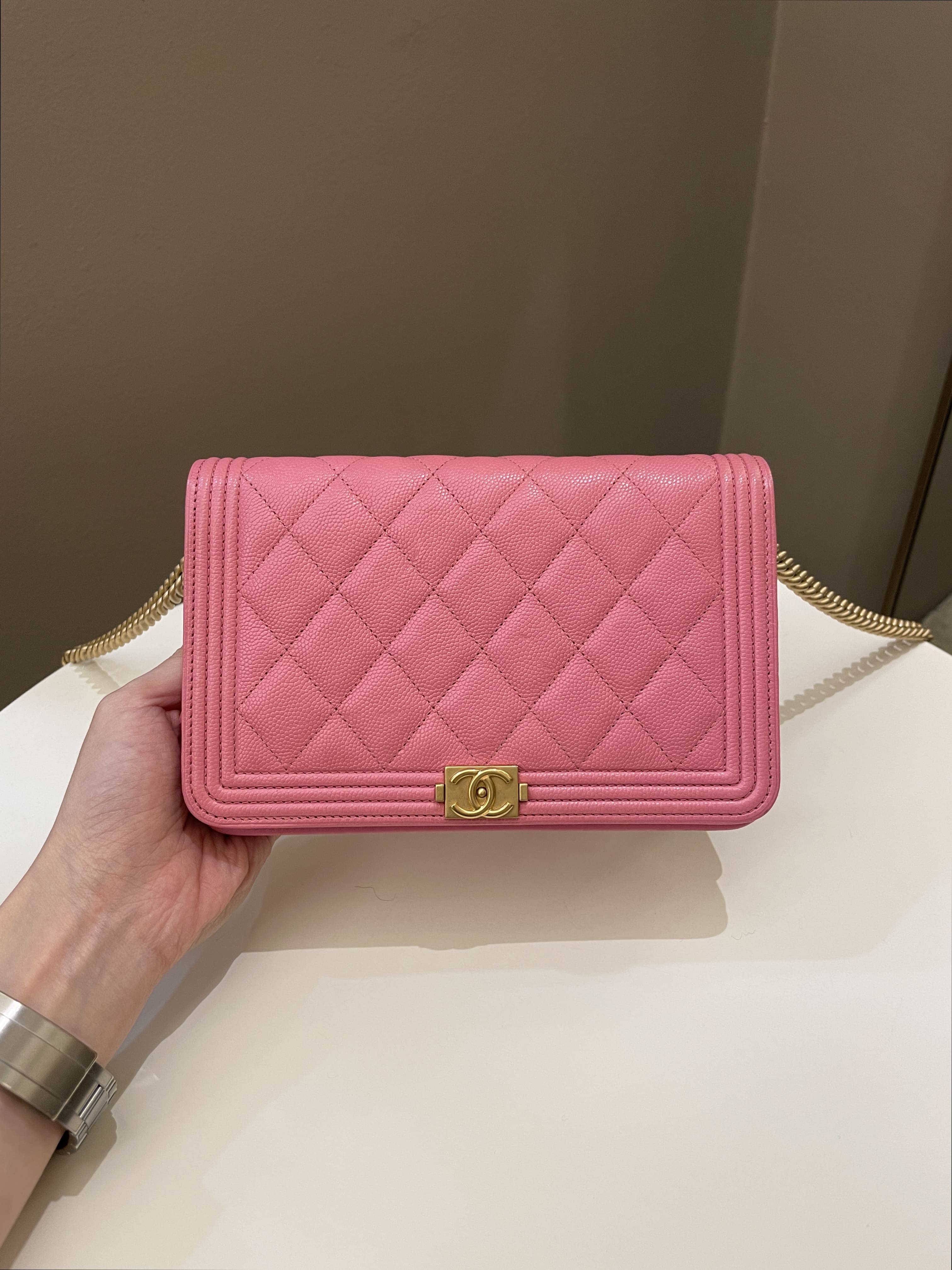 Chanel Quilted Boy Wallet On Chain Pink Caviar