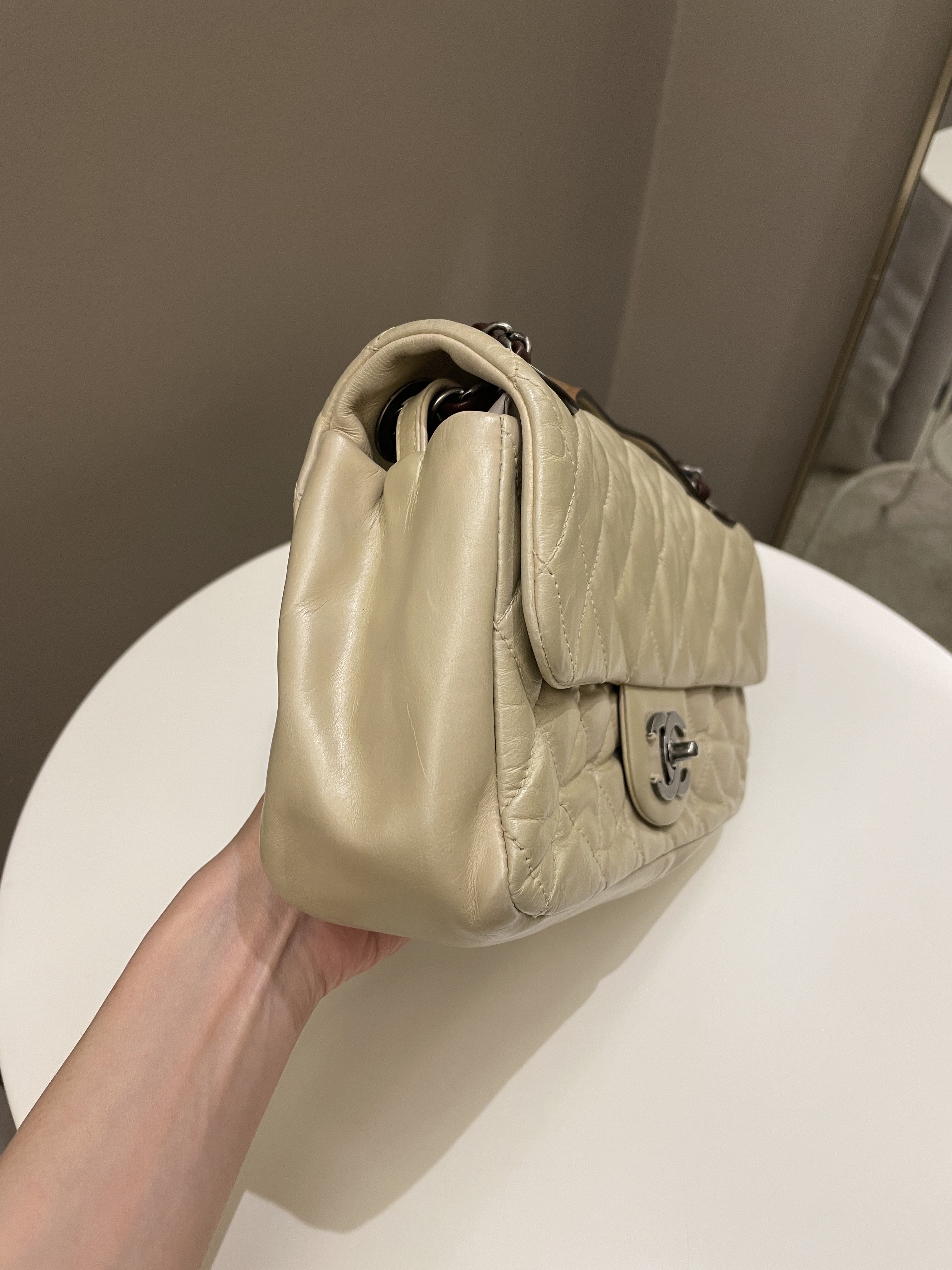 Chanel Quilted Handle Flap Bag Beige Calfskin