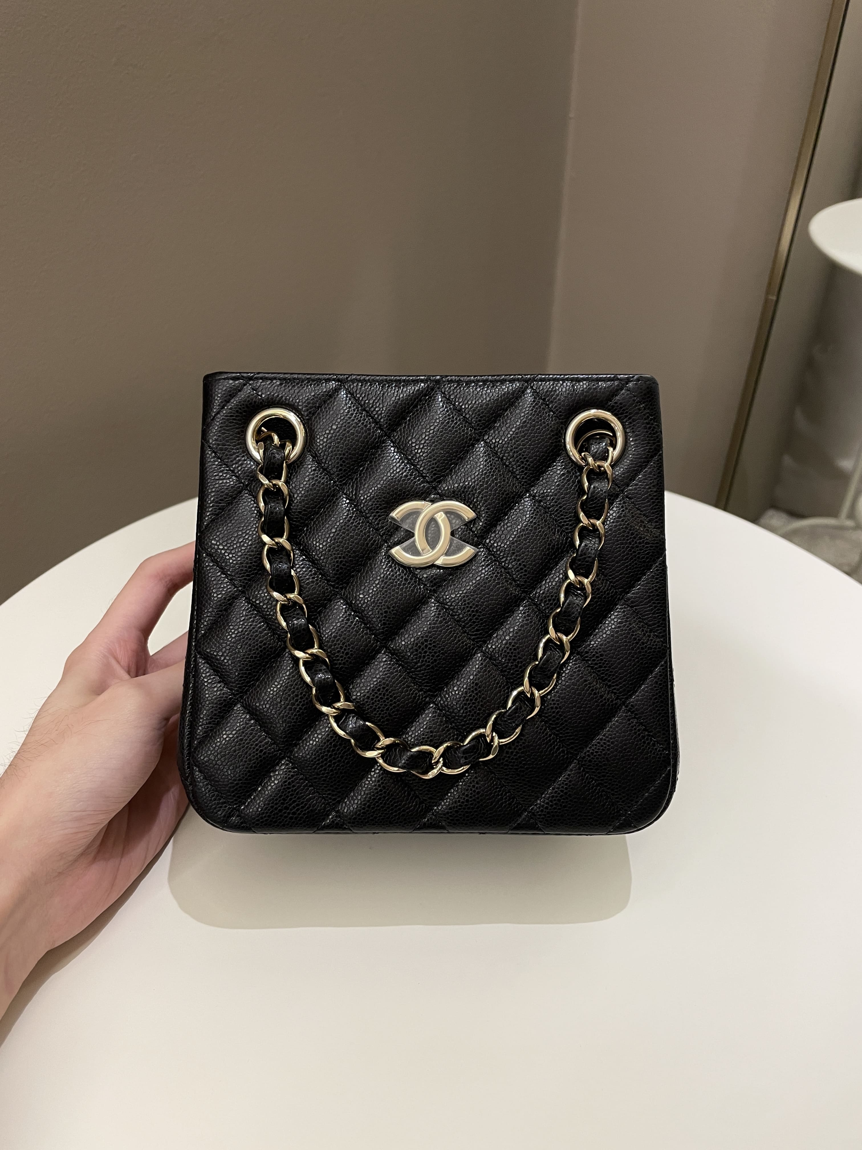Chanel Quilted Cc Bucket Bag Black Caviar