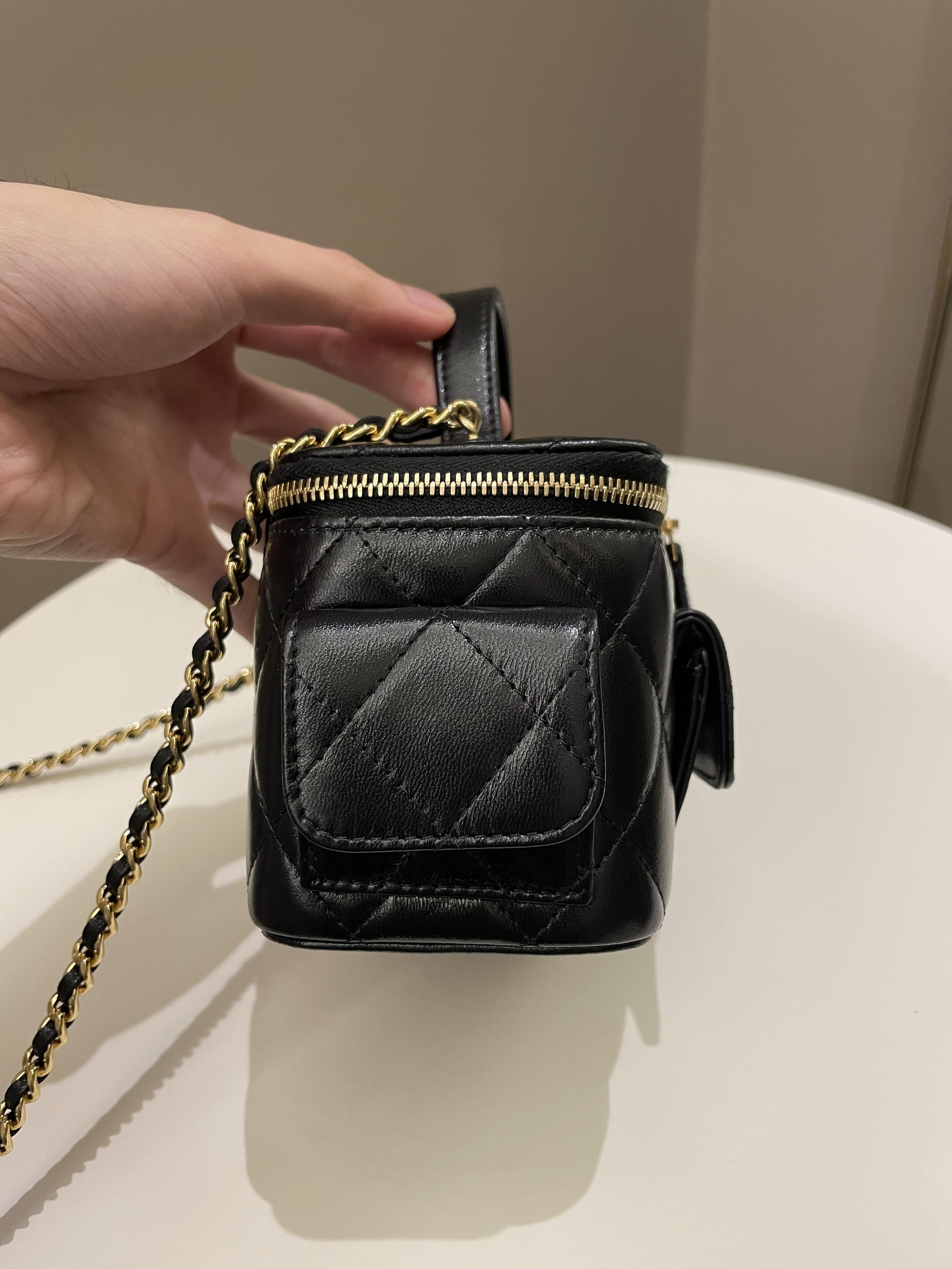 Chanel Polly Pocket Multi Pocket Vanity Case Bag Black Glazed Lambskin