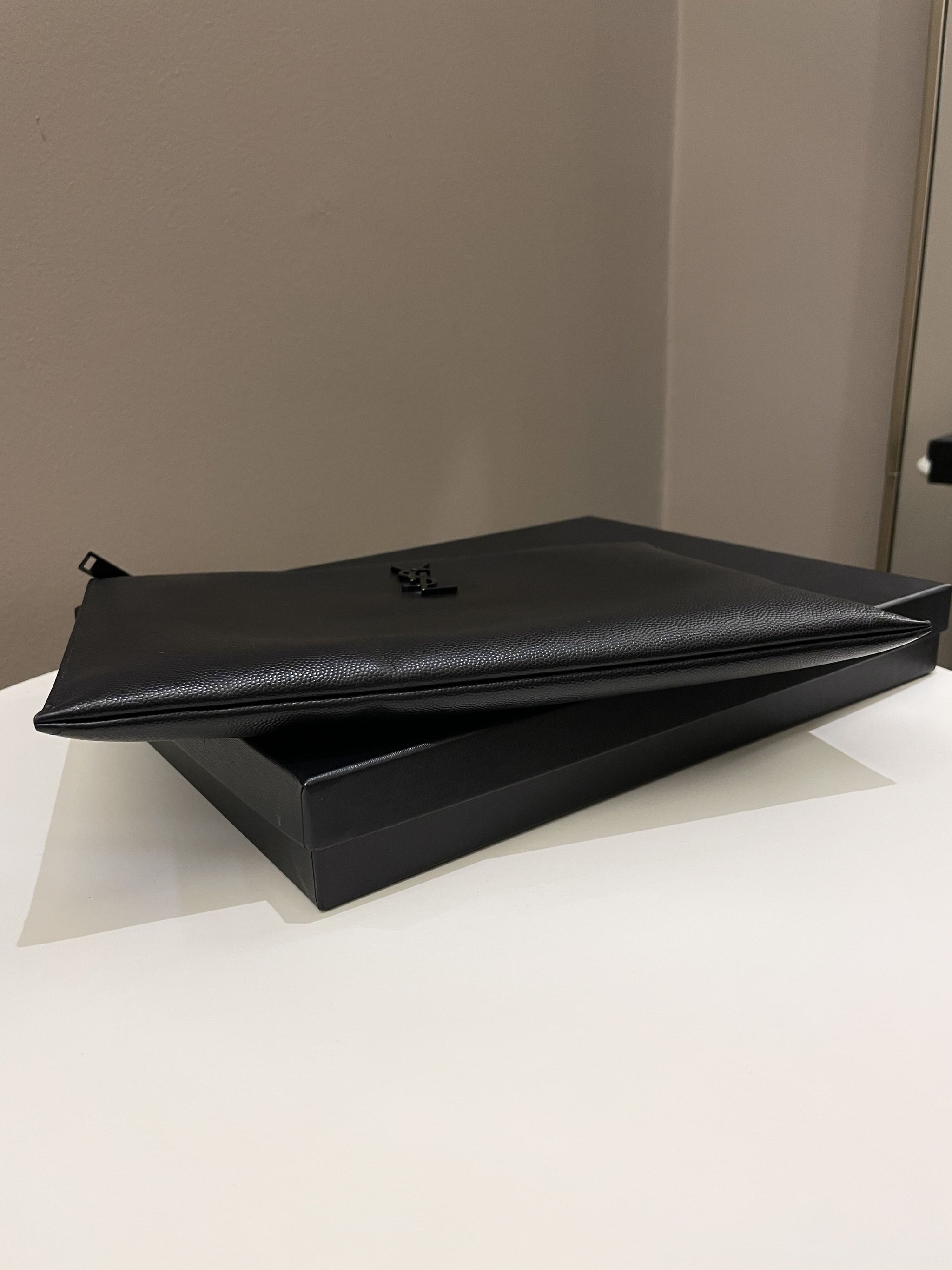 Saint Laurent YSL Logo Zip Pouch Black Grained Leather