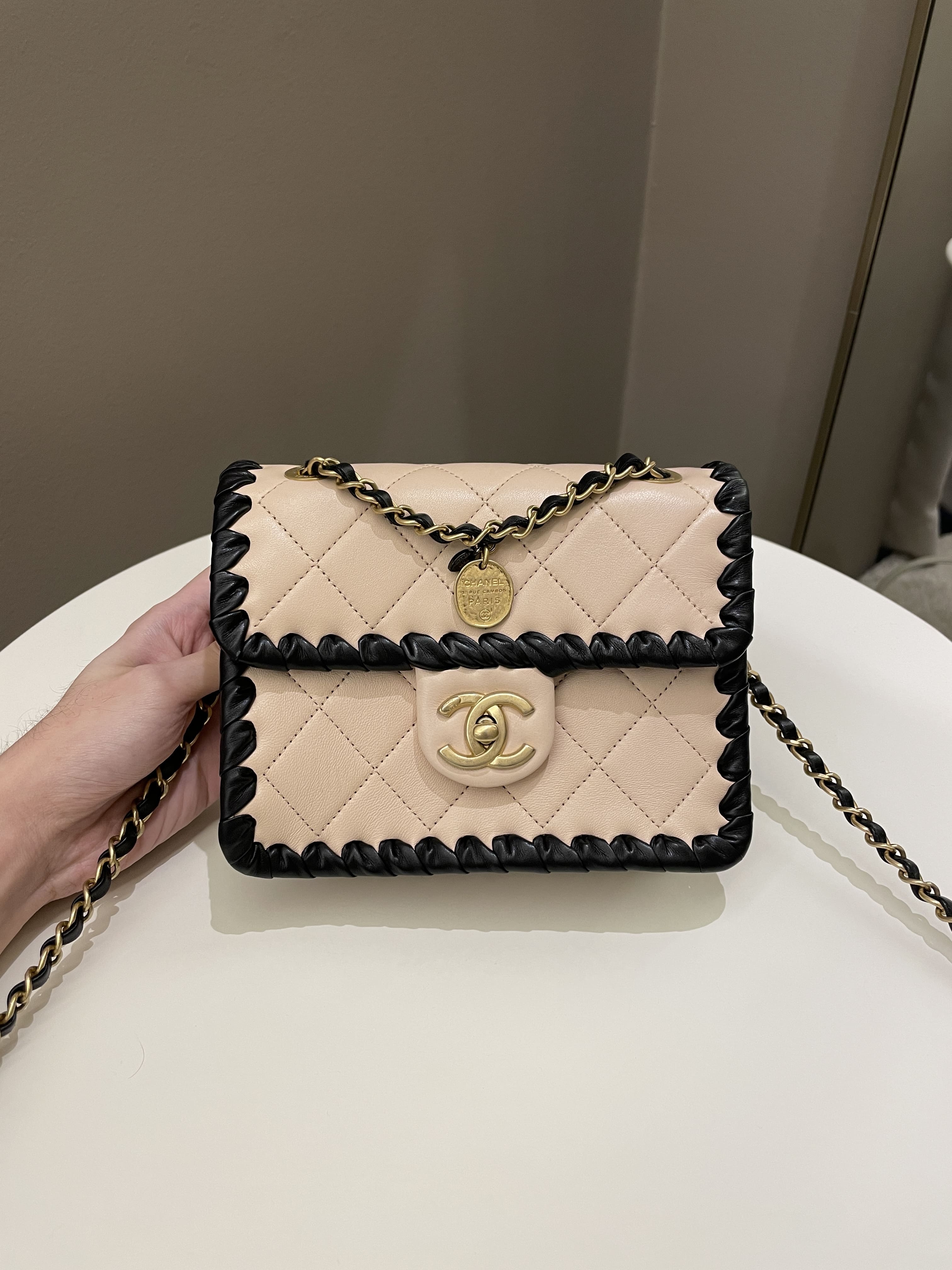 Chanel Whipstitch My Own Mini Frame Bag Beige/ Black Lambskin
