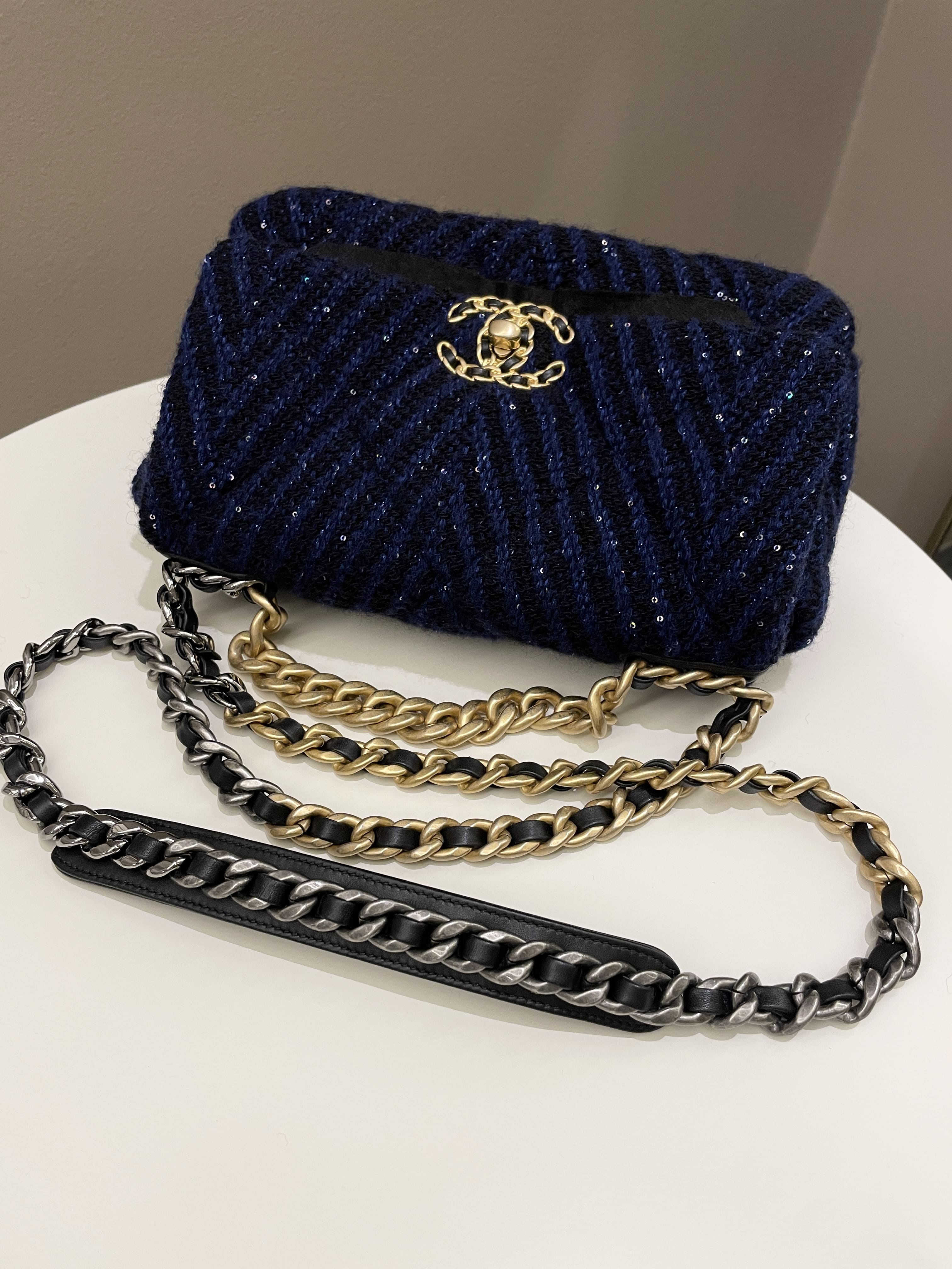 Chanel 19 Flap Bag Black / Blue Tweed Sequin