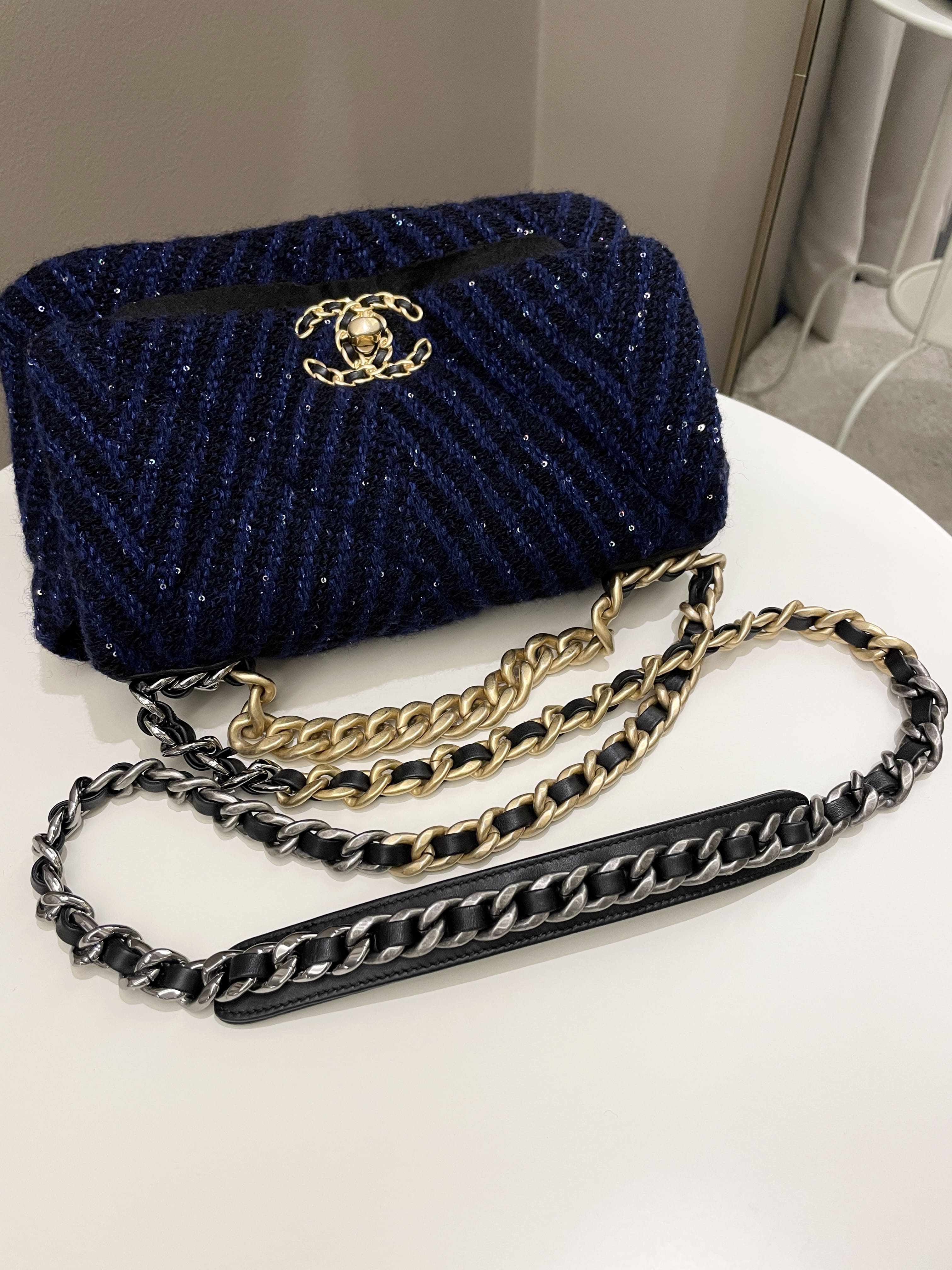 Chanel 19 Flap Bag Black / Blue Tweed Sequin