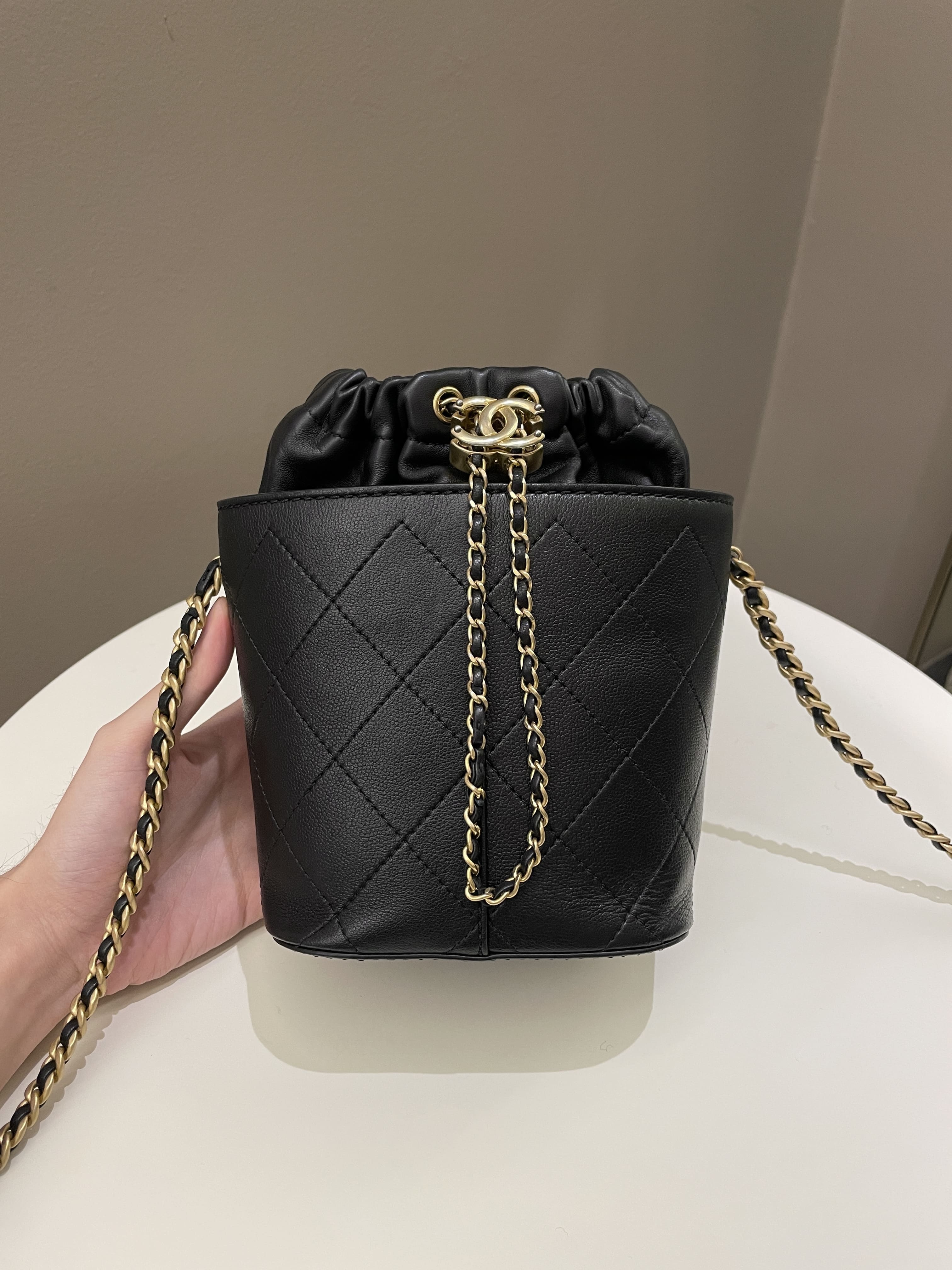 Chanel Brown Quilted Leather CC Lock Drawstring Bucket Bag Chanel
