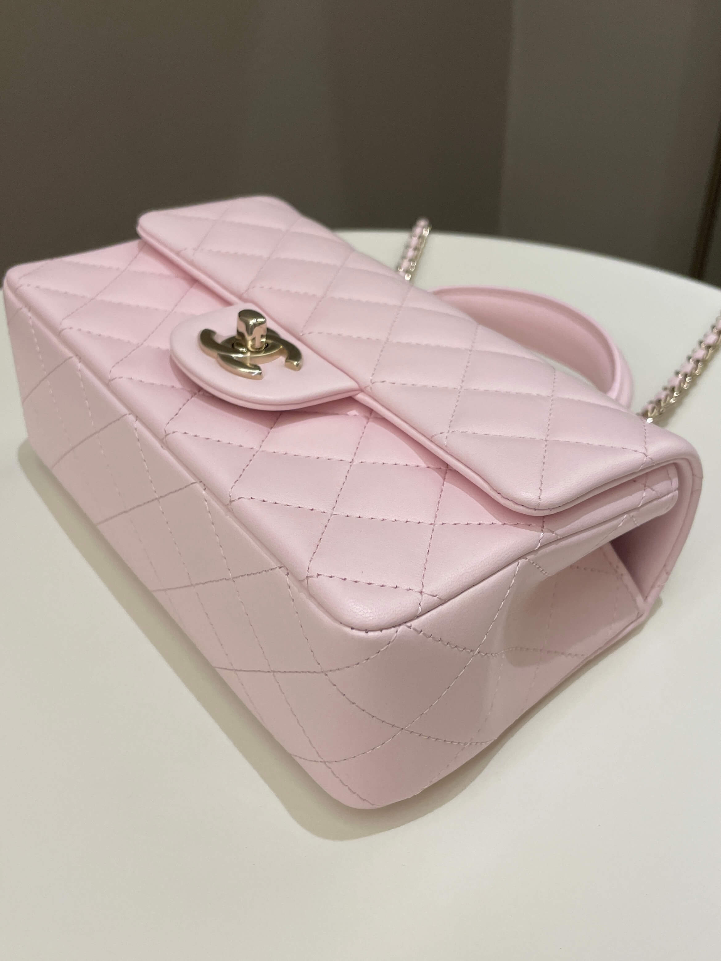 Chanel Quilted Top Handle Mini Rectangular Pale Pink Lambskin