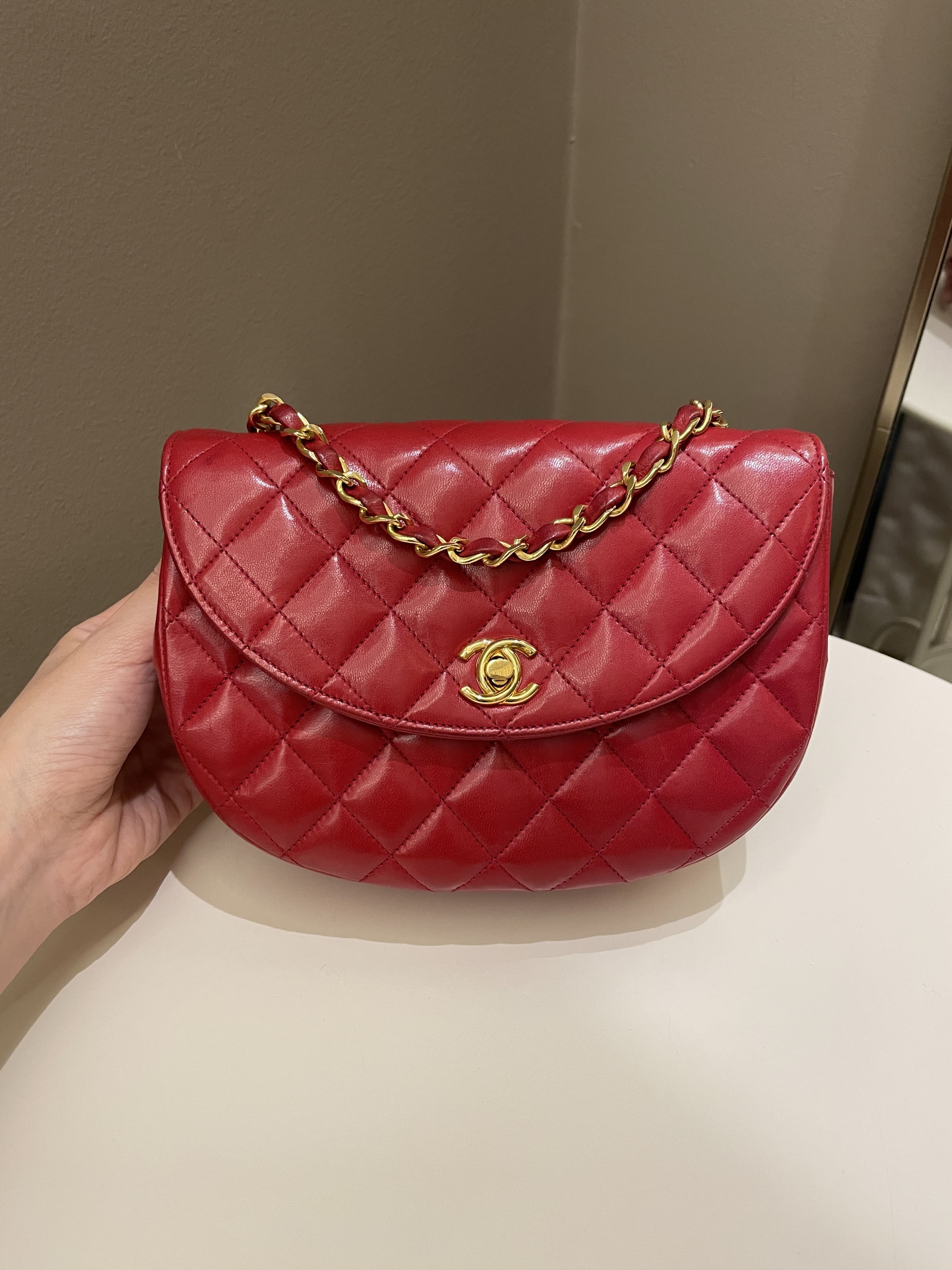 Chanel Vintage Quilted Red Lambskin Leather Oval Cross Body Bag