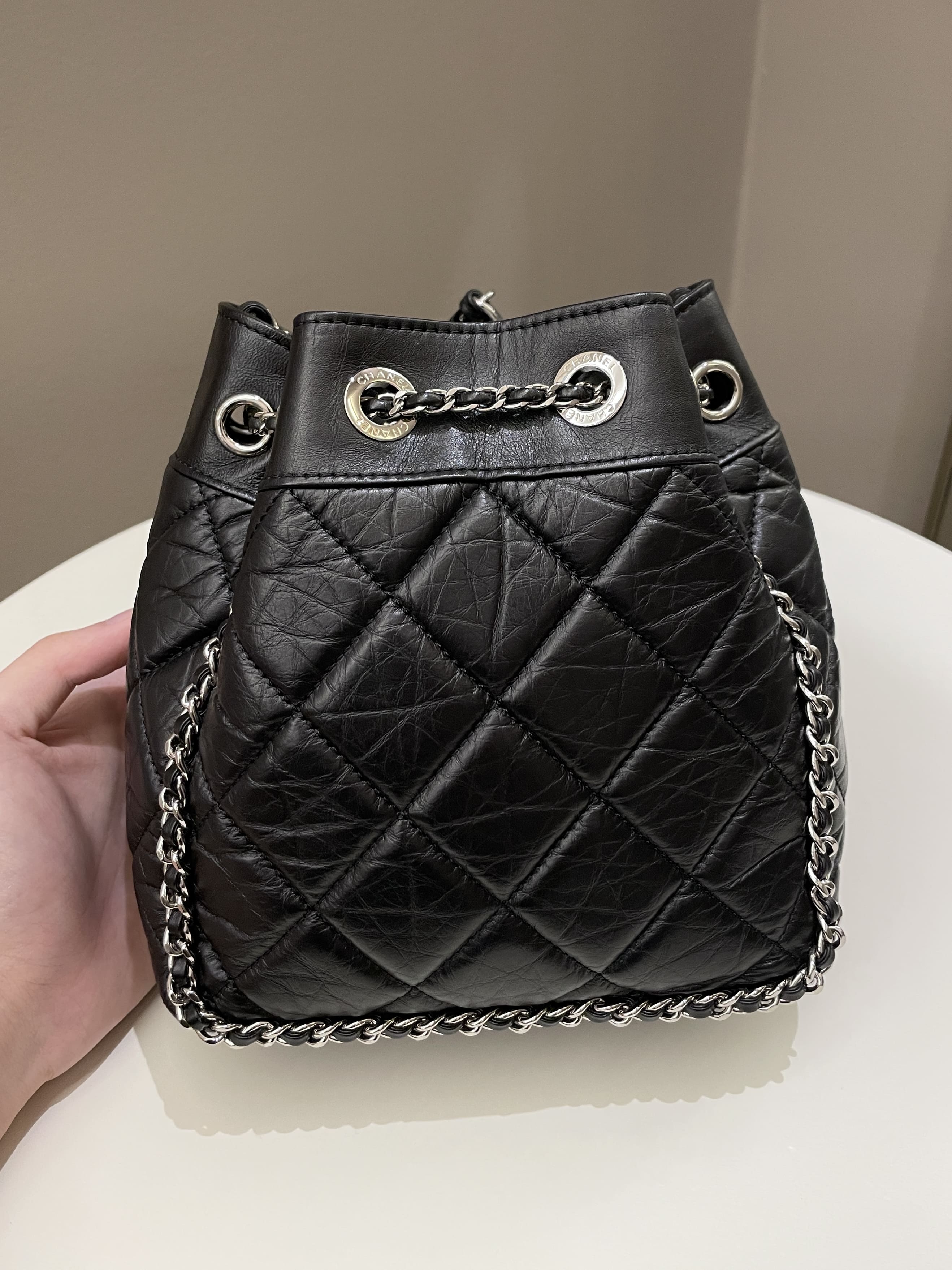 Chanel Cc Drawstring Bucket Chain Bag Black Aged Calfskin