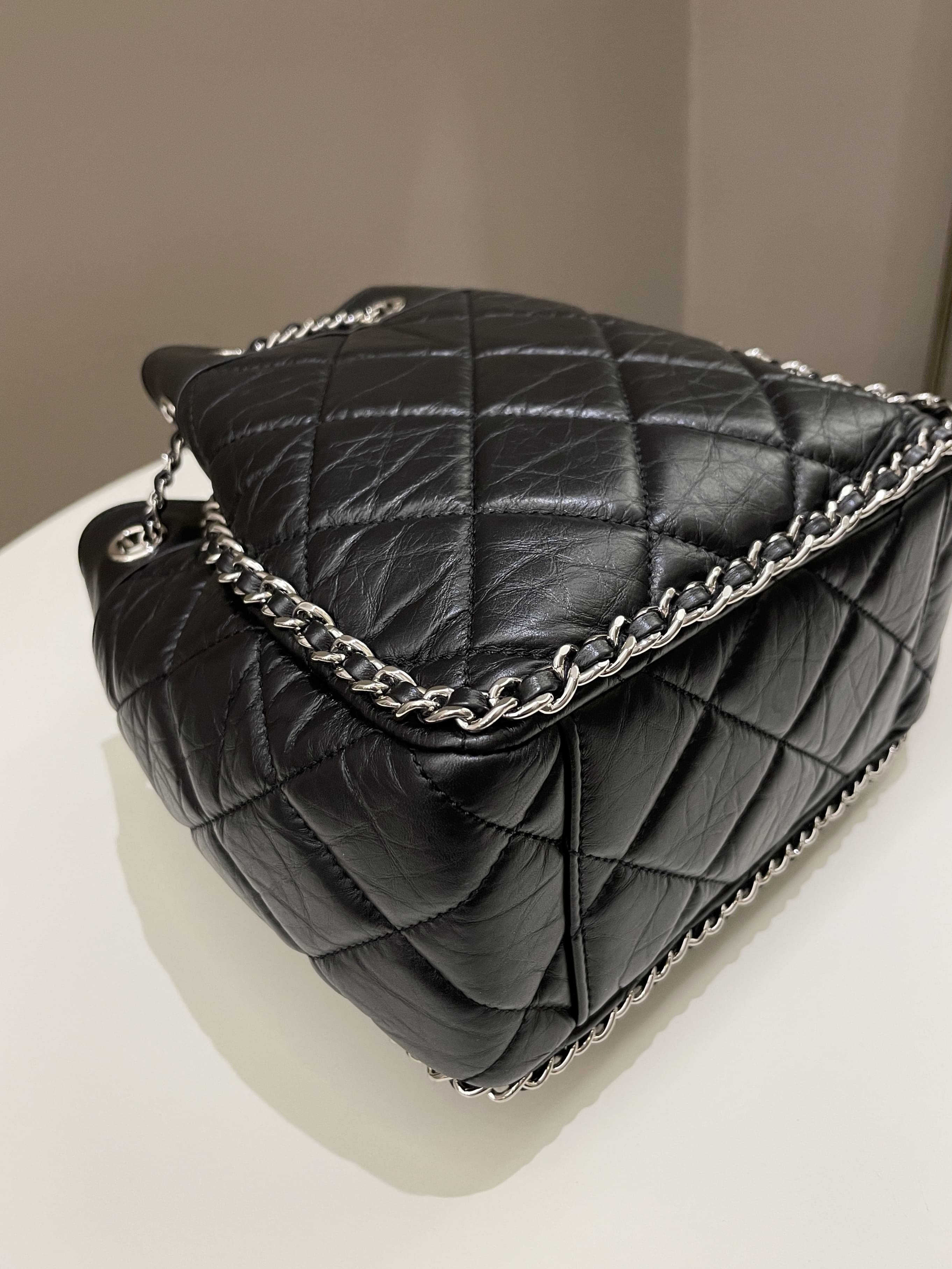 Chanel Cc Drawstring Bucket Chain Bag Black Aged Calfskin