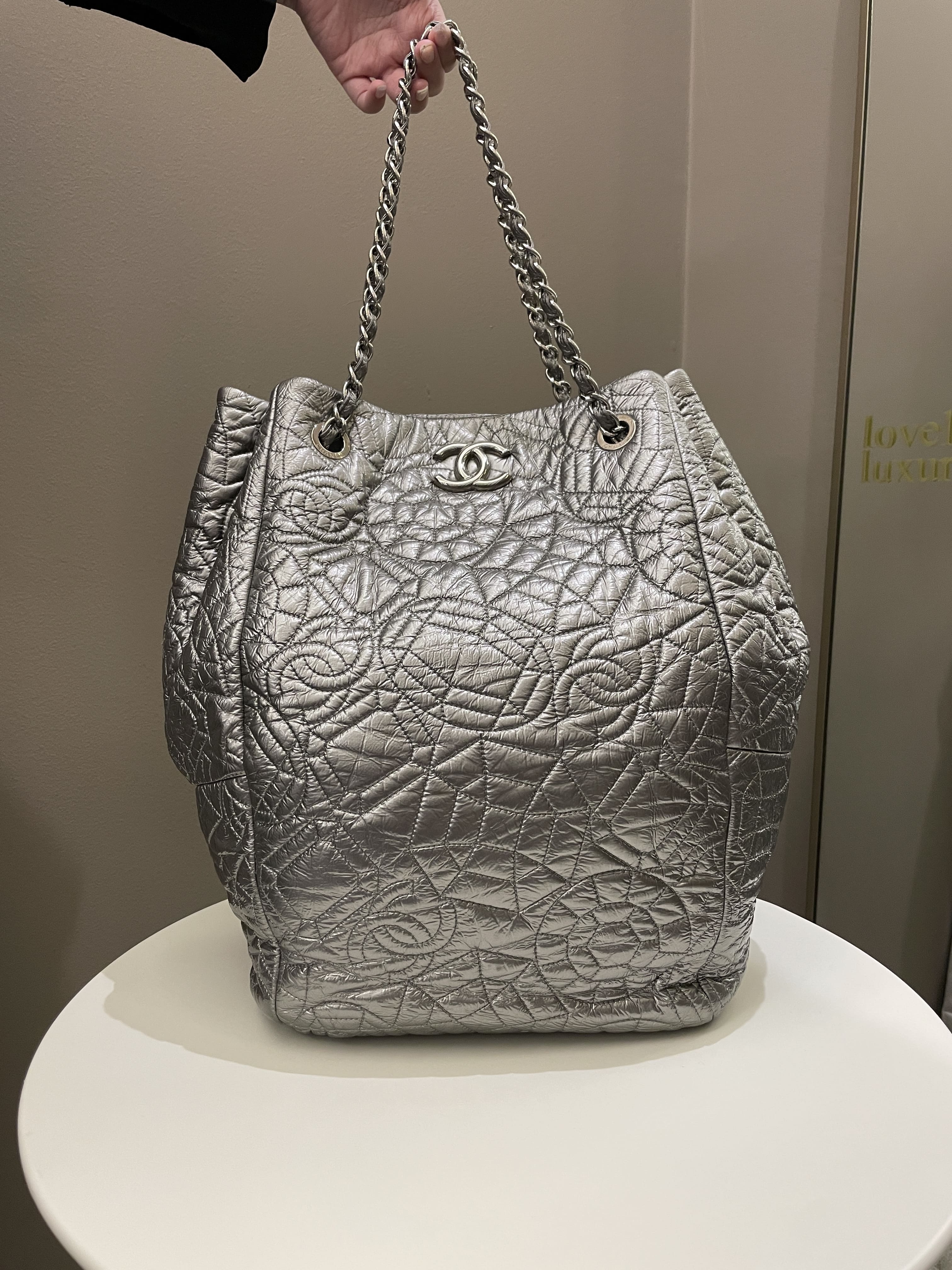 Chanel Camilla Graphic Embossed Bag Silver Patent