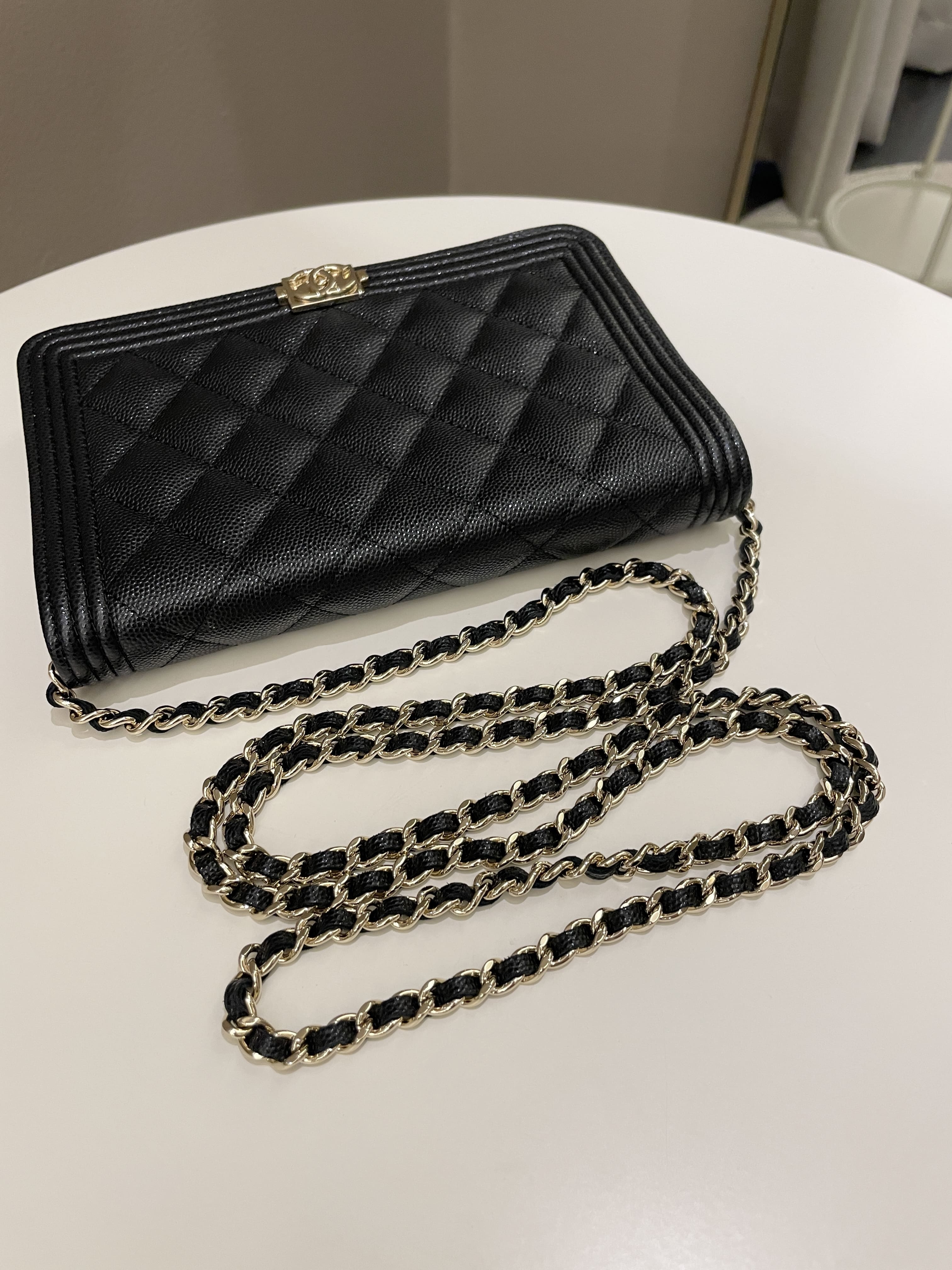 Chanel Quilted Boy Wallet On Chain Black Caviar