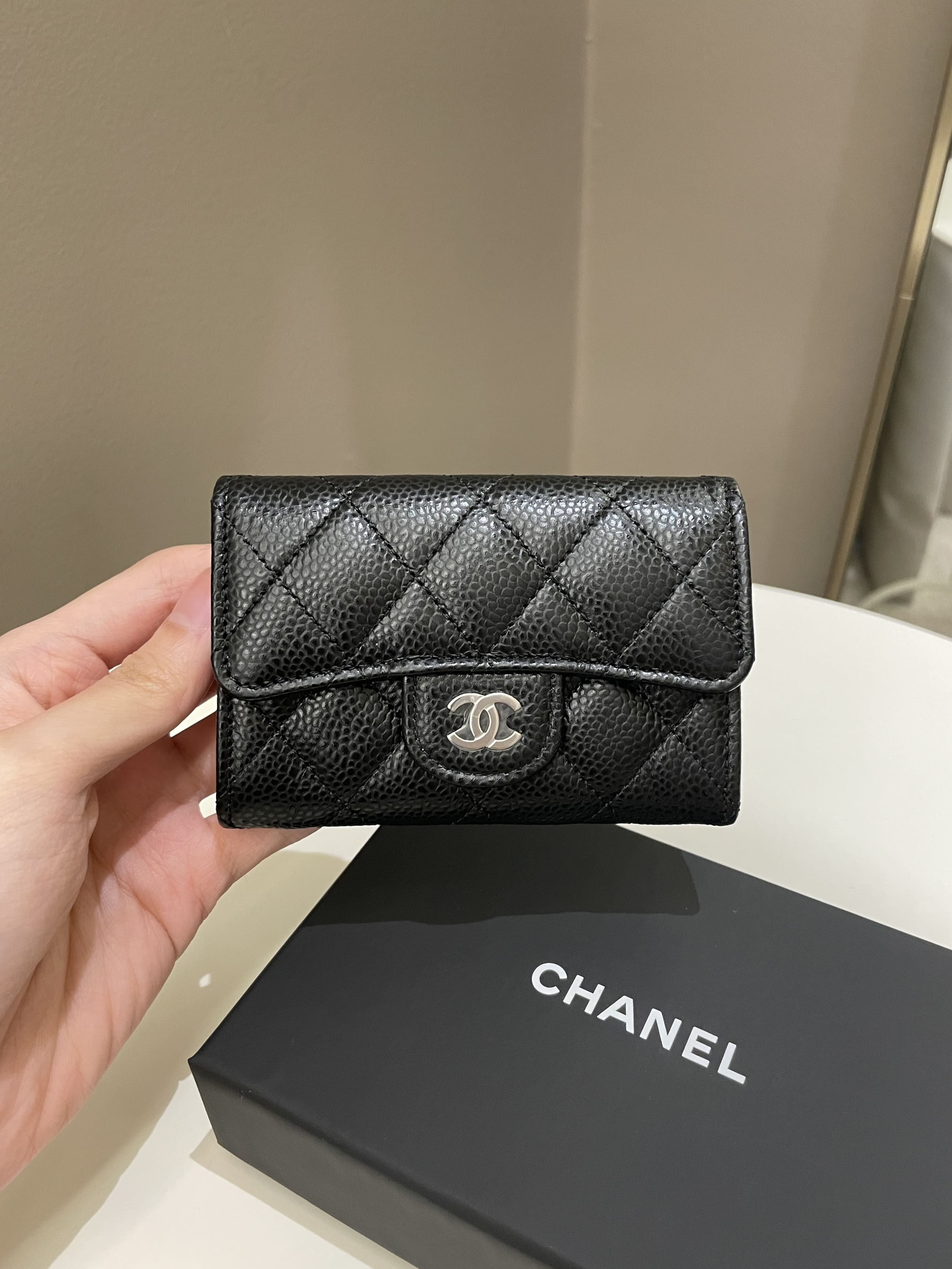 Authentic CHANEL Classic Flap Card Holder Black Caviar Leather SHW Brand New