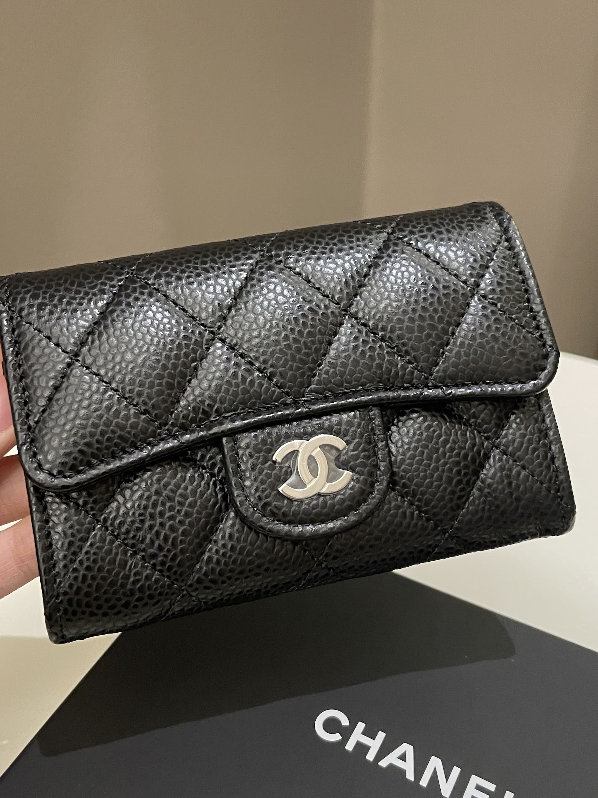 Chanel Black Quilted Caviar Mini Flap Card Holder On Chain, myGemma